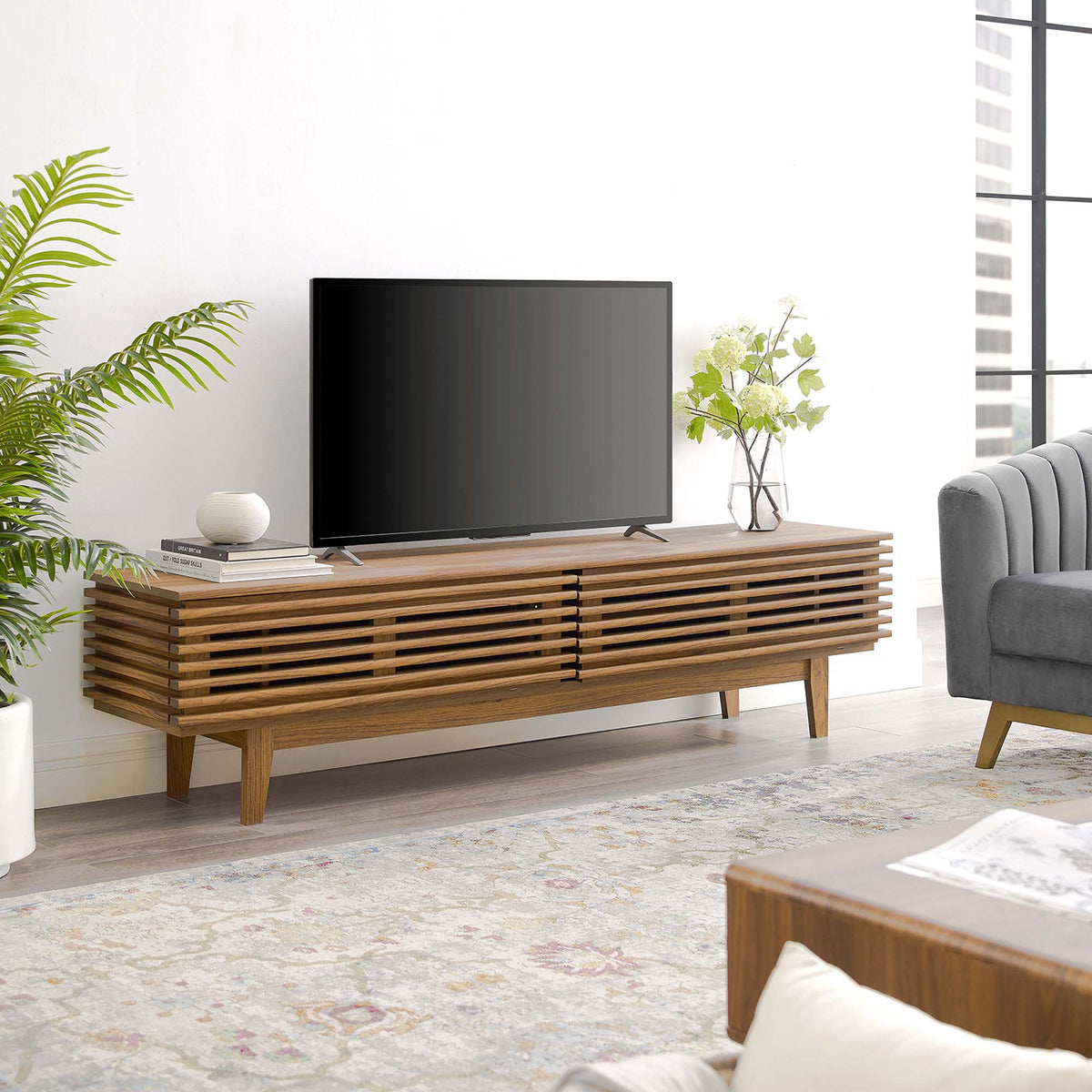 Render TV Stand by Modway wooden slatted console in natural oak finish for living room on Tampa Home & Garden Store
