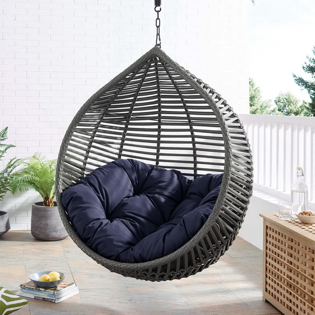 Garner Teardrop Outdoor Swing Chair, dark gray wicker with navy cushion HouseOfZazla Daybed on Tampa Home & Garden Store
