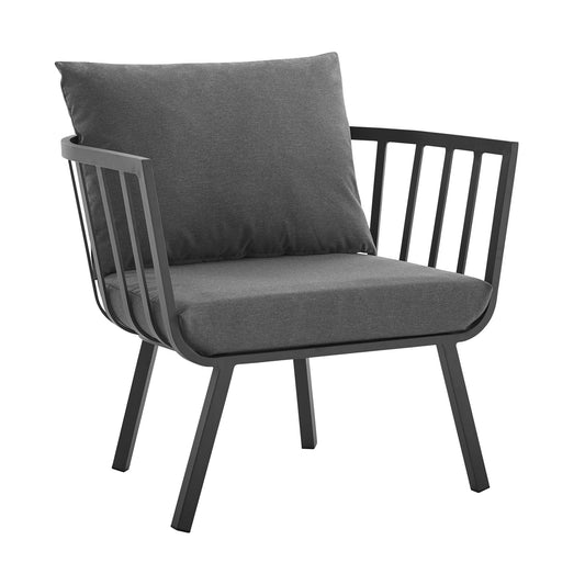 Riverside outdoor aluminum armchair with dark gray cushion, sleek slat-frame back and seat on Tampa Home & Garden Store