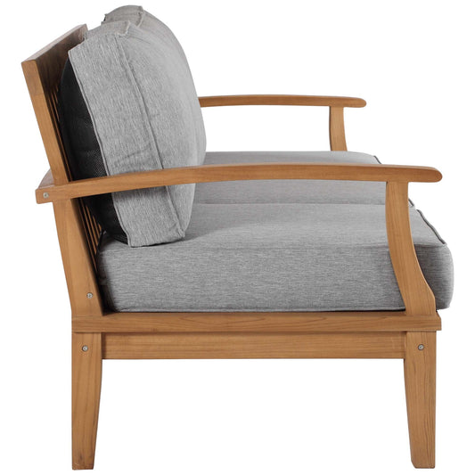 Marina outdoor teak sofa by Modway with grey cushions and natural wood frame on Tampa Home & Garden Store