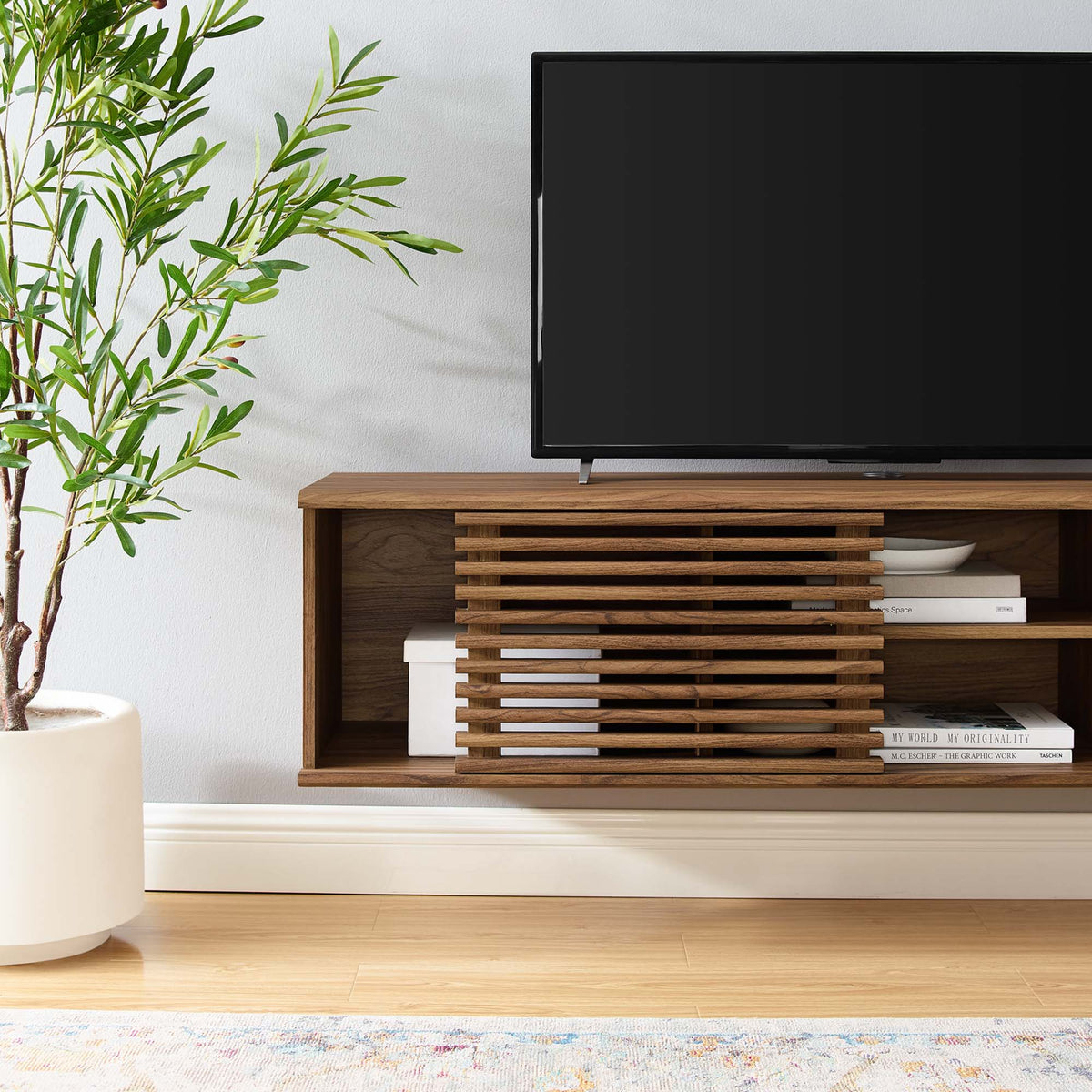 Render wall-mount media console TV stand by Modway in warm wood with shelves and TV on top on Tampa Home & Garden Store