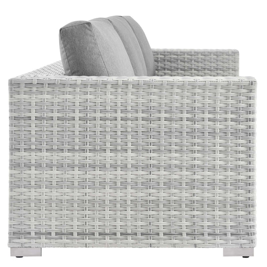 Convene Outdoor Patio Sofa by Modway, light gray cushions on woven gray wicker, 3 cushions on sofa on Tampa Home & Garden Store