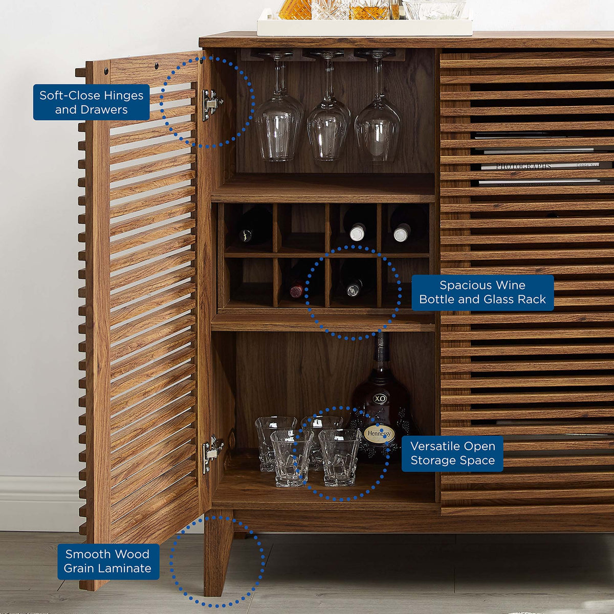 Modway Render Bar Cabinet in walnut with slatted doors and wine glass rack on Tampa Home & Garden Store