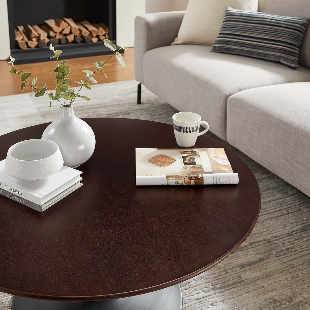 Lippa 36-inch Round Wood Coffee Table with dark walnut top and metal pedestal base by Modway on Tampa Home & Garden Store