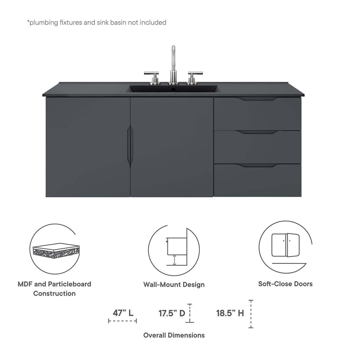 Vitality 48in vanity dark gray MDF/particleboard, wall-mount, soft-close doors on Tampa Home & Garden Store