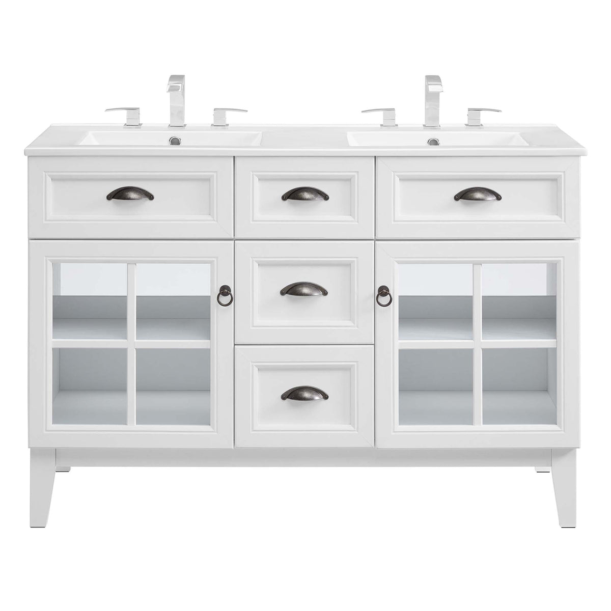 Isle 48-inch double bathroom vanity white with dual sinks, chrome faucets and glass-front doors on Tampa Home & Garden Store