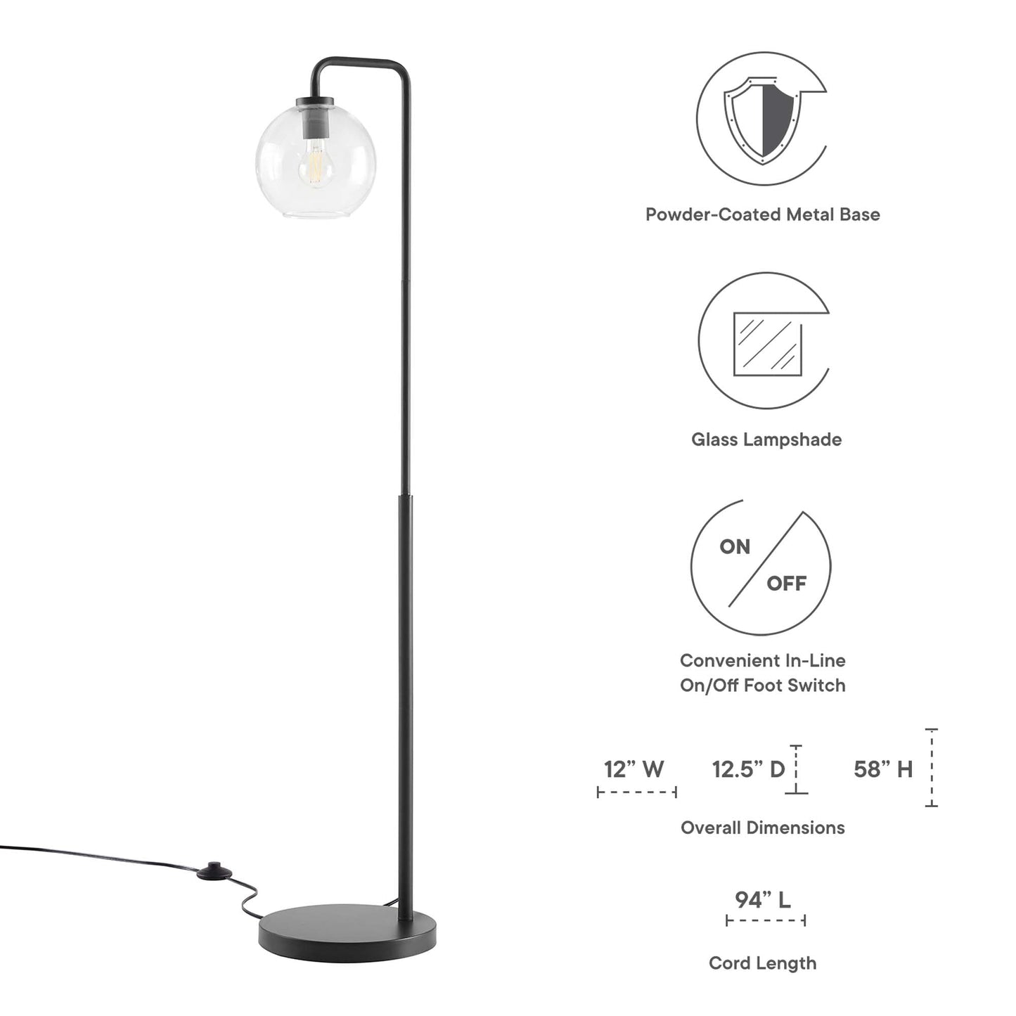 Silo glass globe floor lamp by Modway with clear glass shade and black powder-coated base on Tampa Home & Garden Store