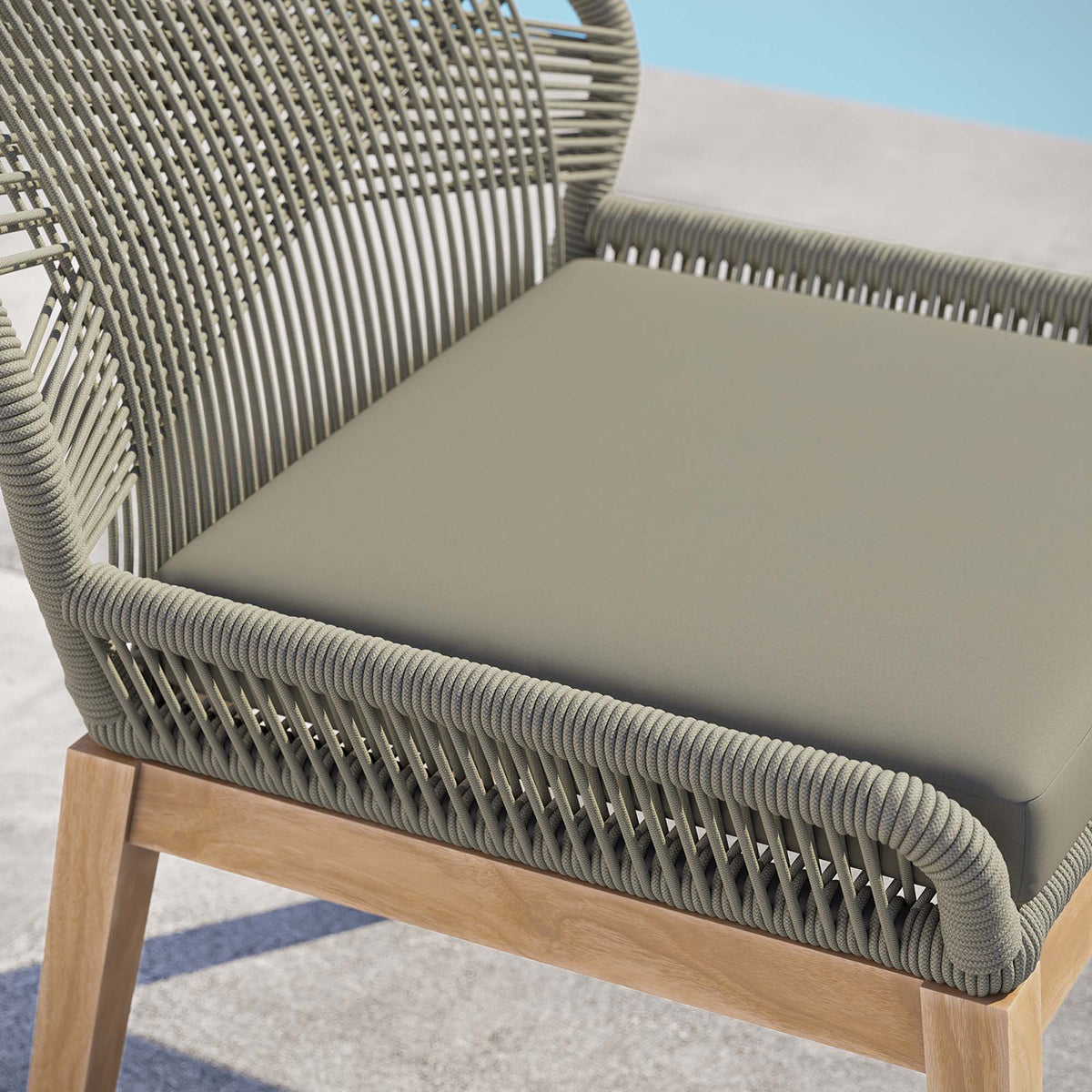 Wellspring outdoor teak dining chair by Modway with gray braided rope weave and pale cushion on wood legs on Tampa Home & Garden Store