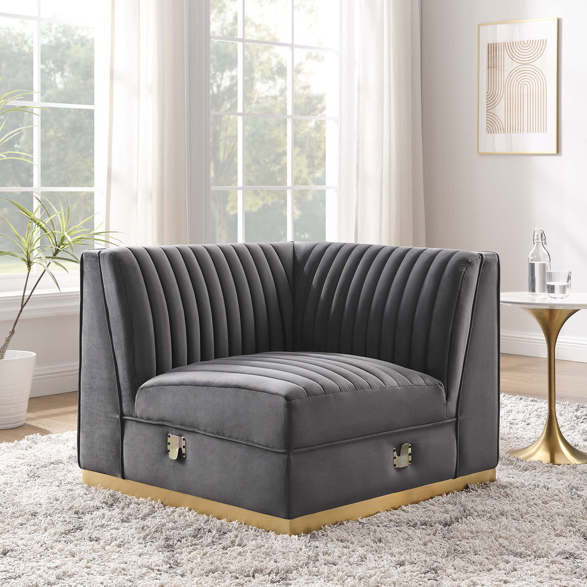 Sanguine channel-tufted performance velvet right corner chair in dark gray with gold base on Tampa Home & Garden Store