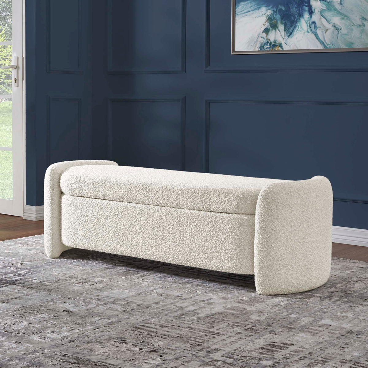Nebula Boucle Upholstered Bench in cream boucle fabric against navy paneled wall with art on Tampa Home & Garden Store