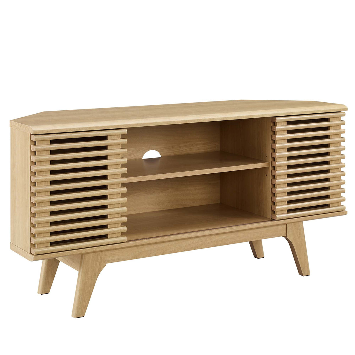 Render 46in Corner TV Stand, light oak wood with slatted side panels on Tampa Home & Garden Store