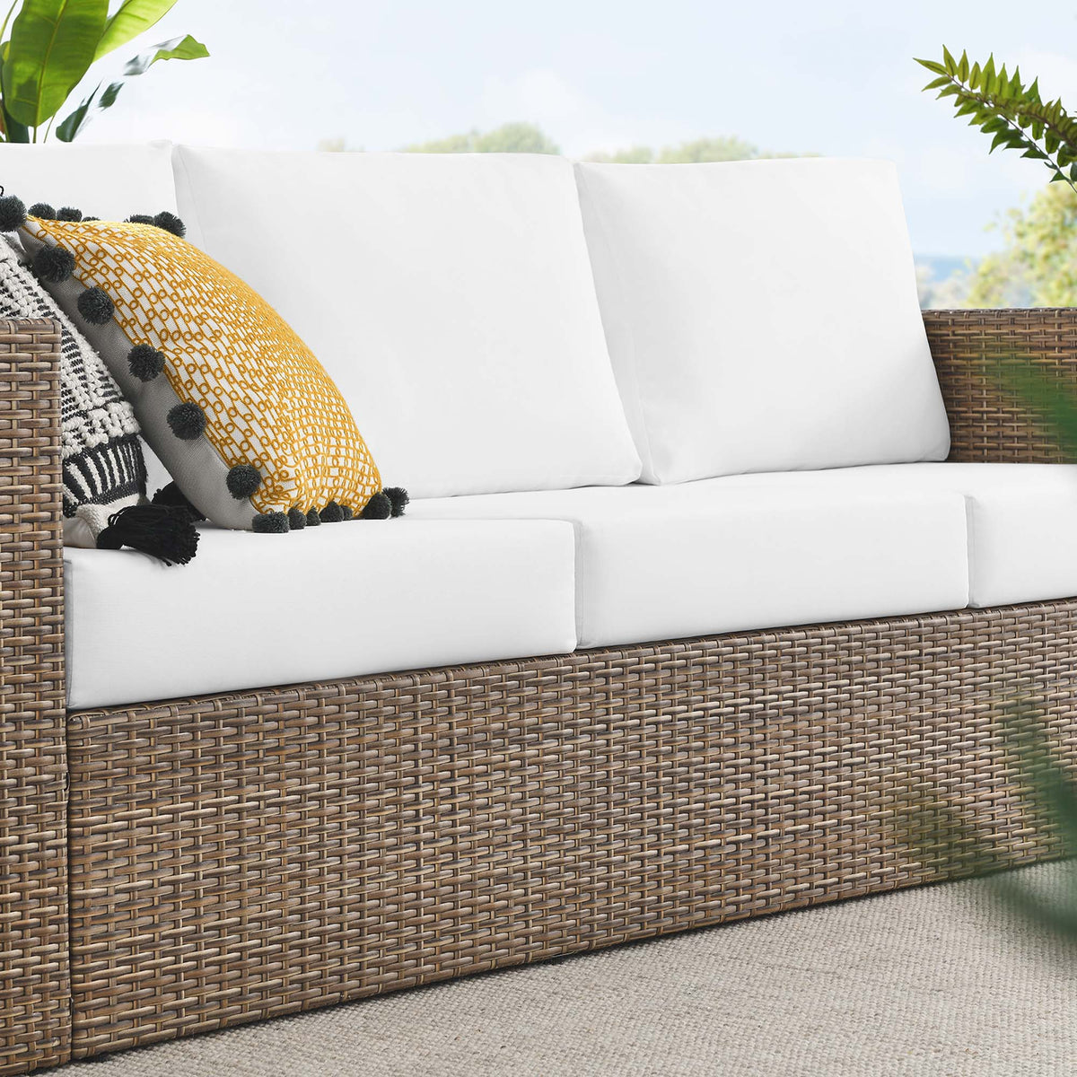 Convene Outdoor Patio Sofa by Modway with white cushions and woven rattan frame on Tampa Home & Garden Store