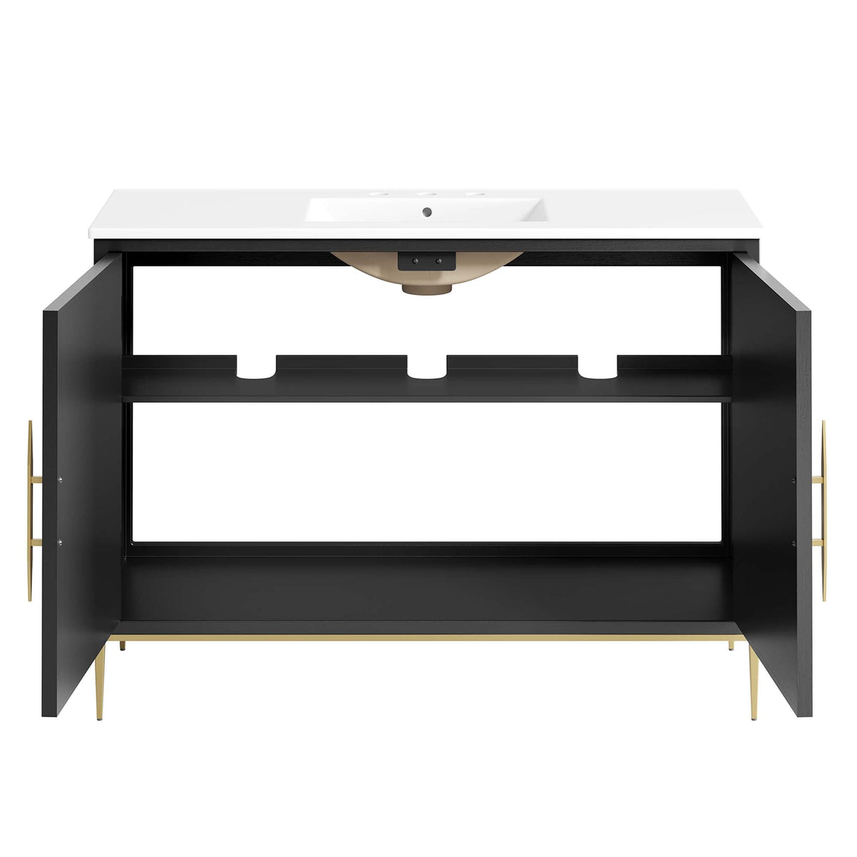 Awaken Bathroom Vanity by HouseOfZazla, white countertop, black frame, gold legs on Tampa Home & Garden Store