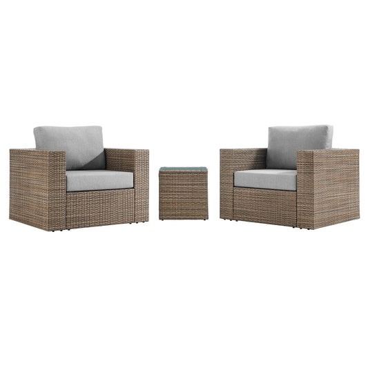 Convene 3-Piece outdoor wicker sofa set with gray cushions and glass-top side table, 2 chairs on Tampa Home & Garden Store