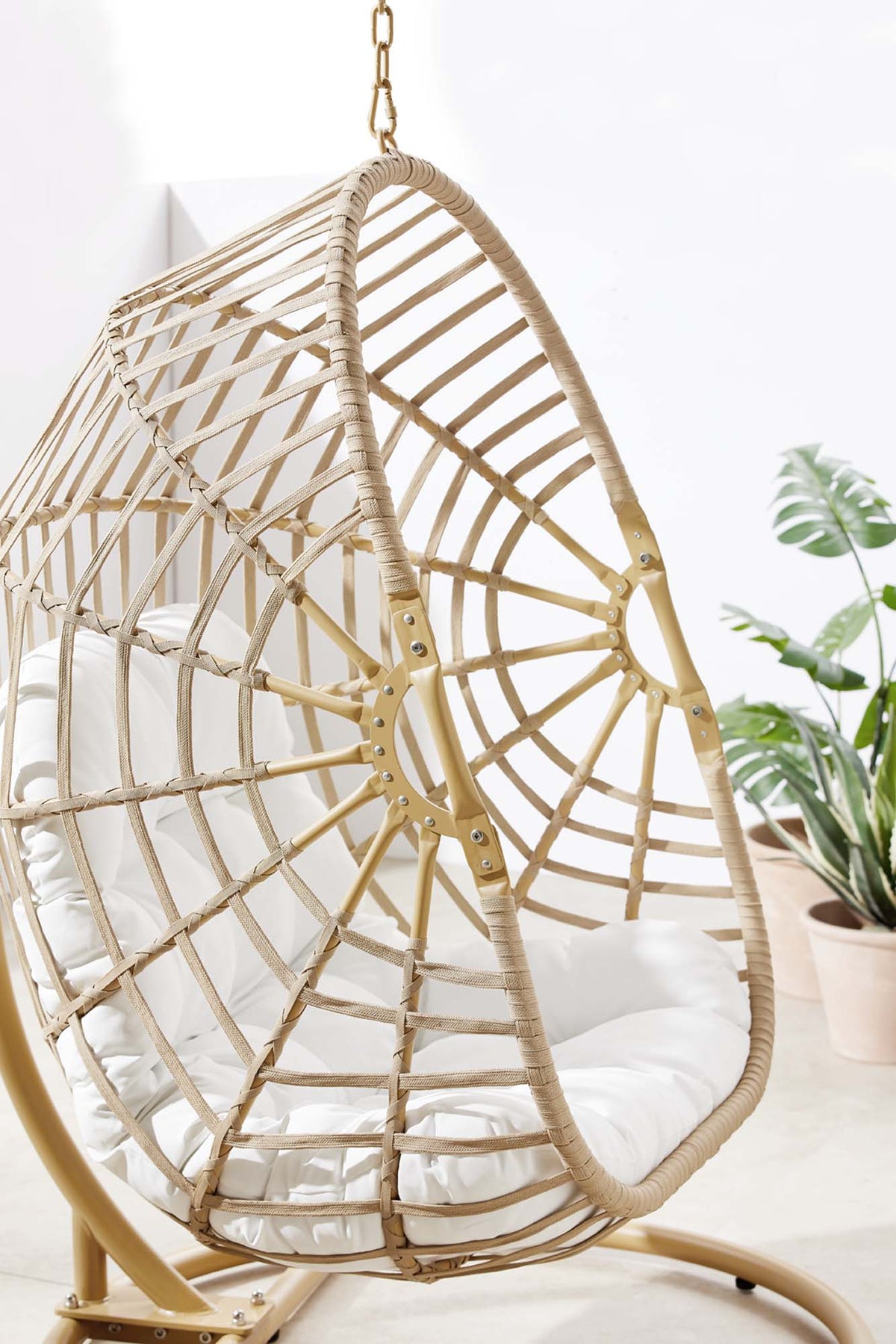 Amalie Wicker Rattan outdoor swing chair by Modway with beige woven frame and white cushion on Tampa Home & Garden Store