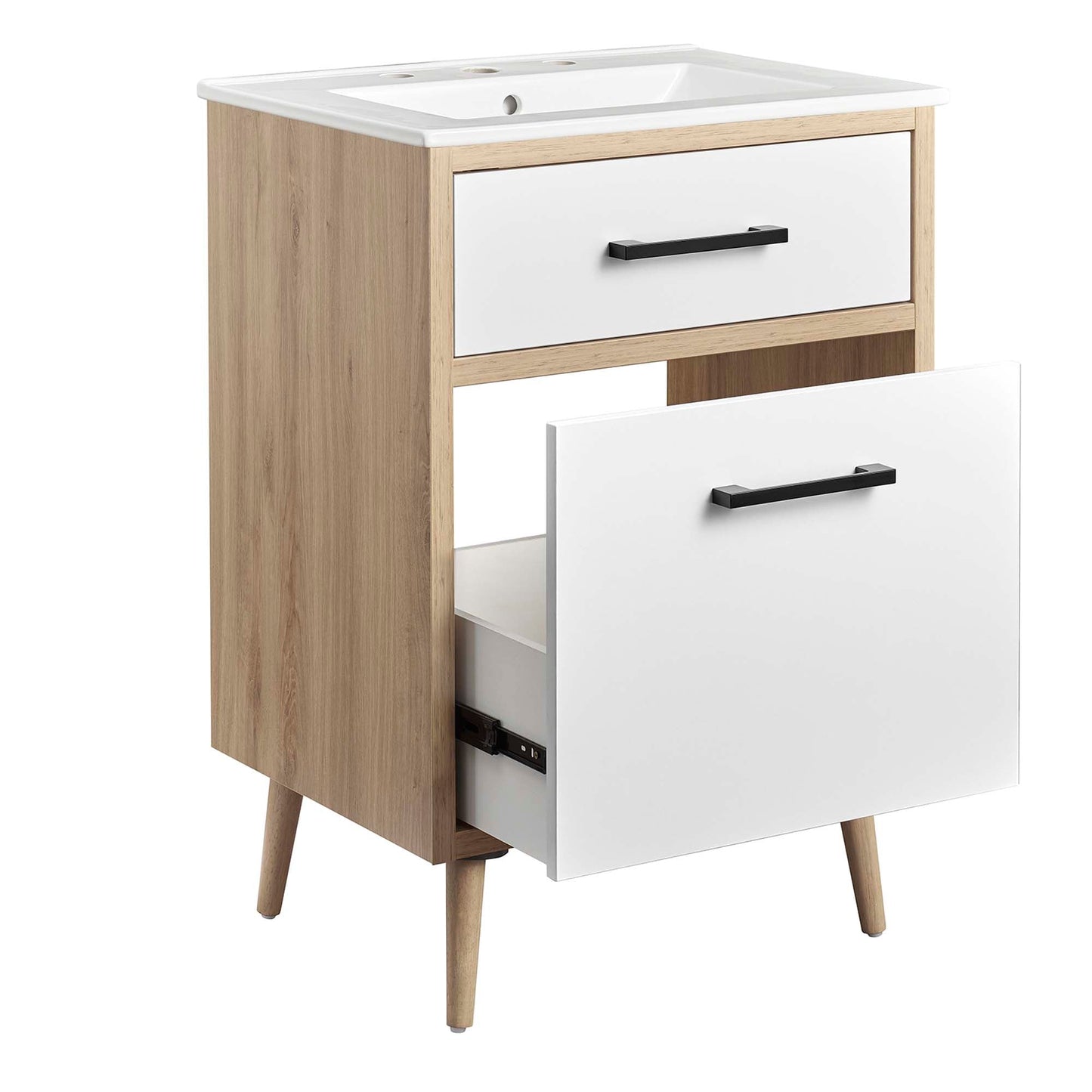 Maverick 24in Bathroom Vanity by Modway, natural oak frame with white drawers and black handles on Tampa Home & Garden Store