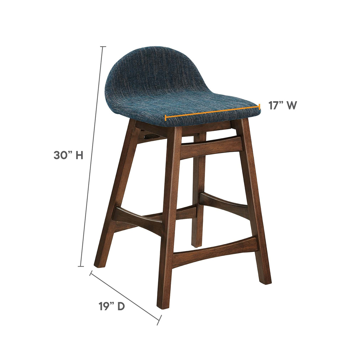 Juno Wood Counter Stool Set of 2 navy fabric upholstery curved back brown wood legs on Tampa Home & Garden Store