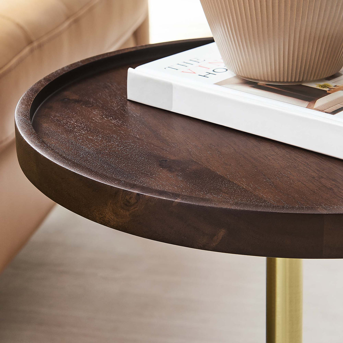 Amina Round Acacia Wood Side Table with dark finish and gold leg on Tampa Home & Garden Store