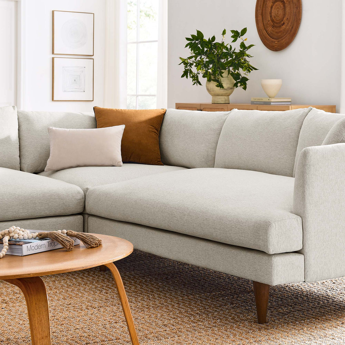 Zoya 3 Piece Down Filled Sectional Sofa in light gray fabric with tan and blush pillows on Tampa Home & Garden Store