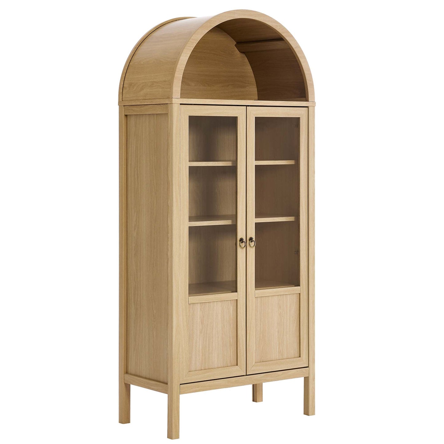Tessa tall arched display cabinet in light oak with open arch top and glass-front lower doors on Tampa Home & Garden Store