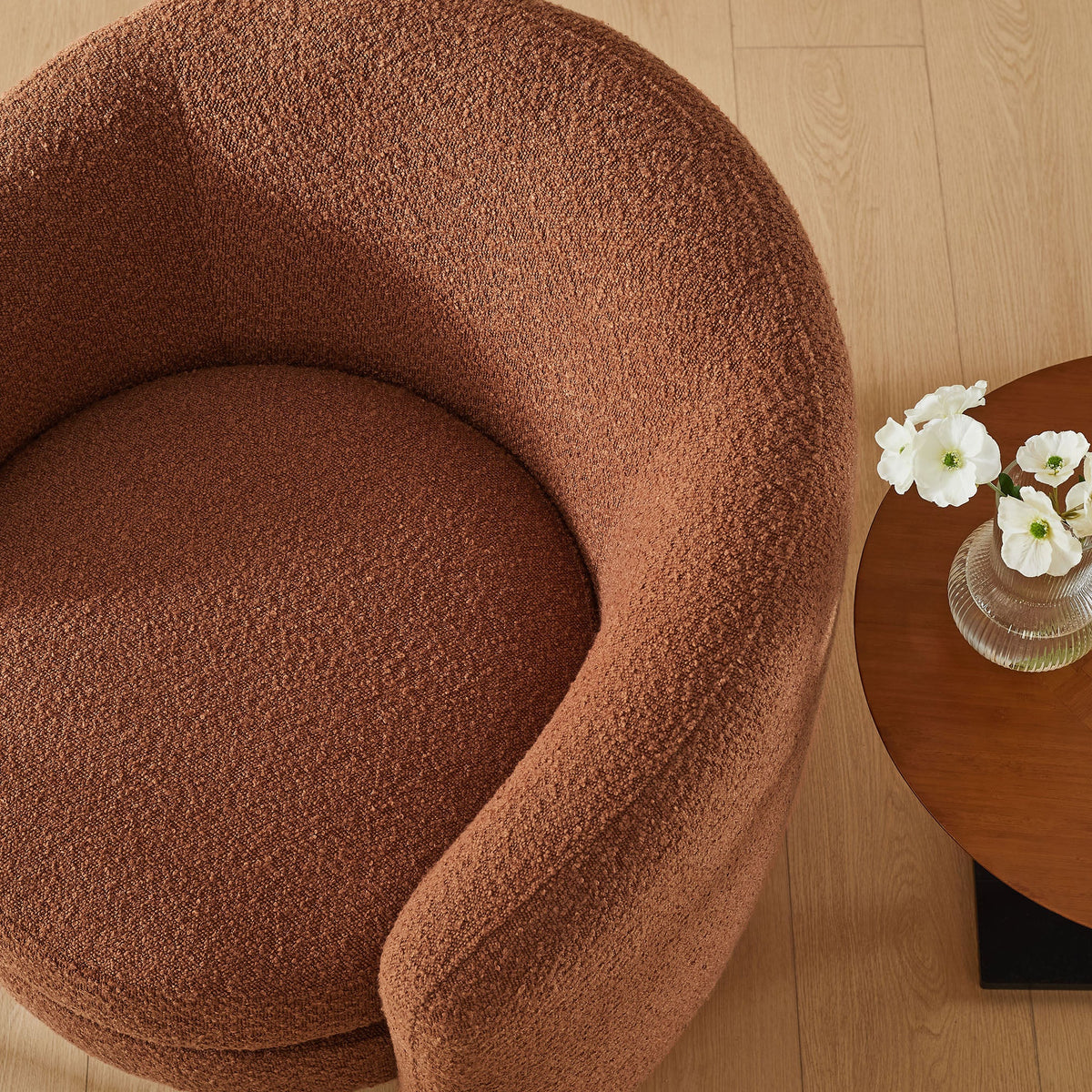 Affinity Upholstered Boucle Curved Back Armchair in warm brown boucle fabric on Tampa Home & Garden Store