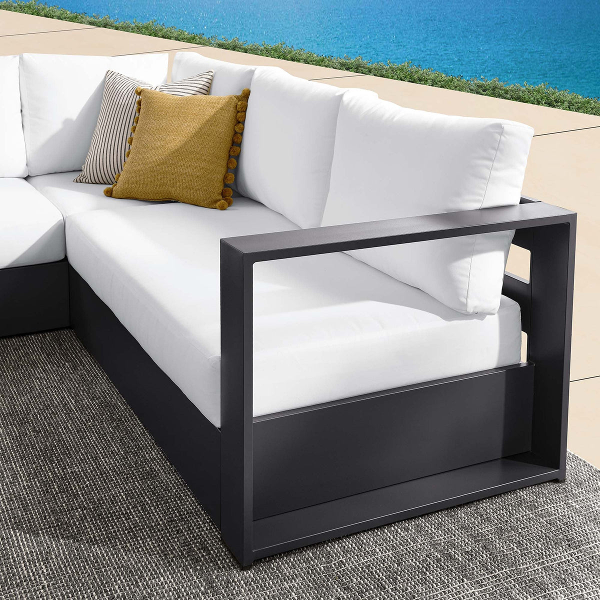 Tahoe 3-piece sectional sofa set by Modway powder-coated aluminum frame and white cushions on Tampa Home & Garden Store