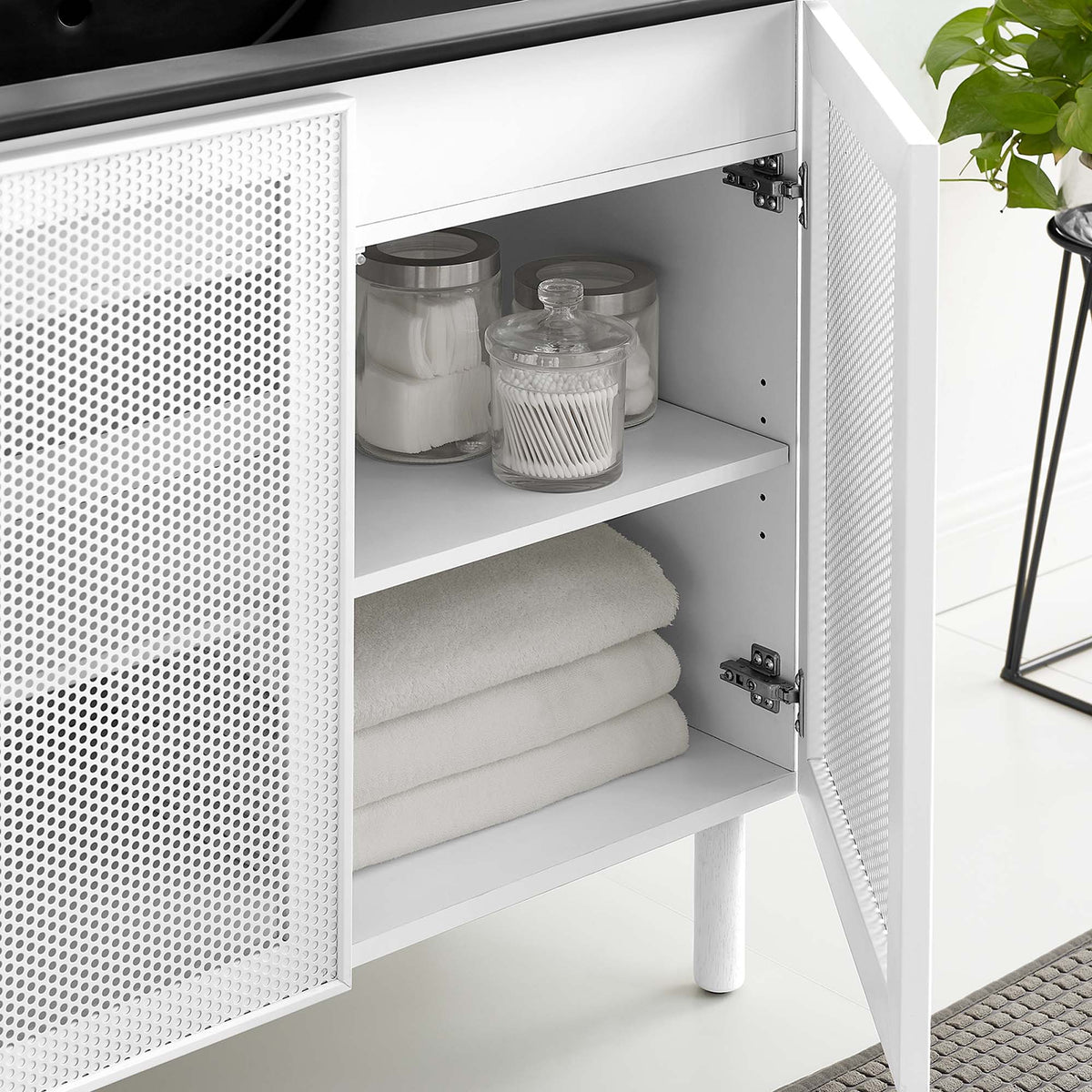 Calla 36in perforated metal bathroom vanity by Modway, white with open shelf on Tampa Home & Garden Store