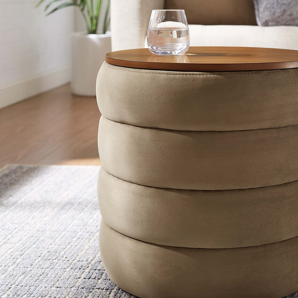 Mezzo Round Performance Velvet Storage Ottoman with beige upholstery and wooden lid on Tampa Home & Garden Store