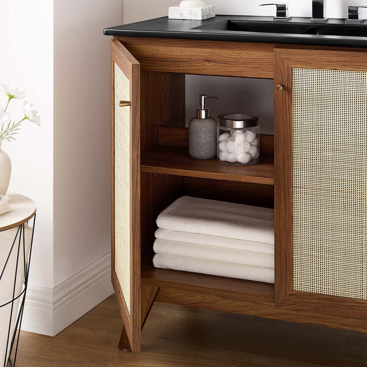 Soma bathroom vanity by Modway, wooden table vanity with black countertop and cane doors on Tampa Home & Garden Store