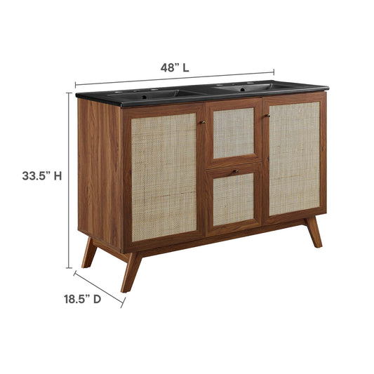Modway Soma 48-inch double-sink bathroom vanity with black countertop and cane-front wood doors on Tampa Home & Garden Store