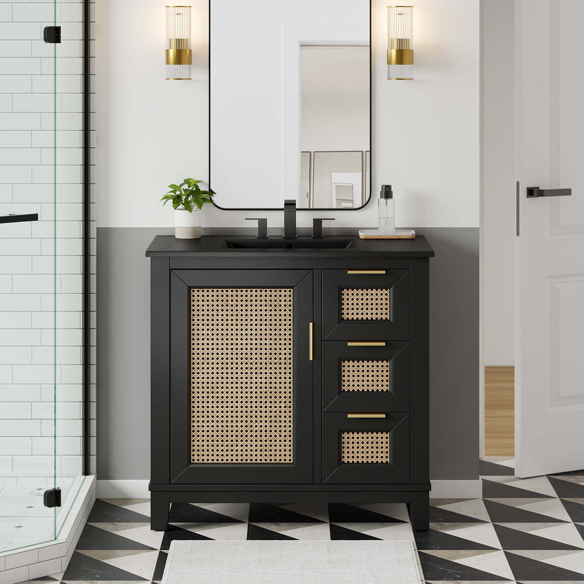 Dixie Solid Wood Bathroom Vanity Cabinet by Modway, with cane panel doors and gold hardware on Tampa Home & Garden Store