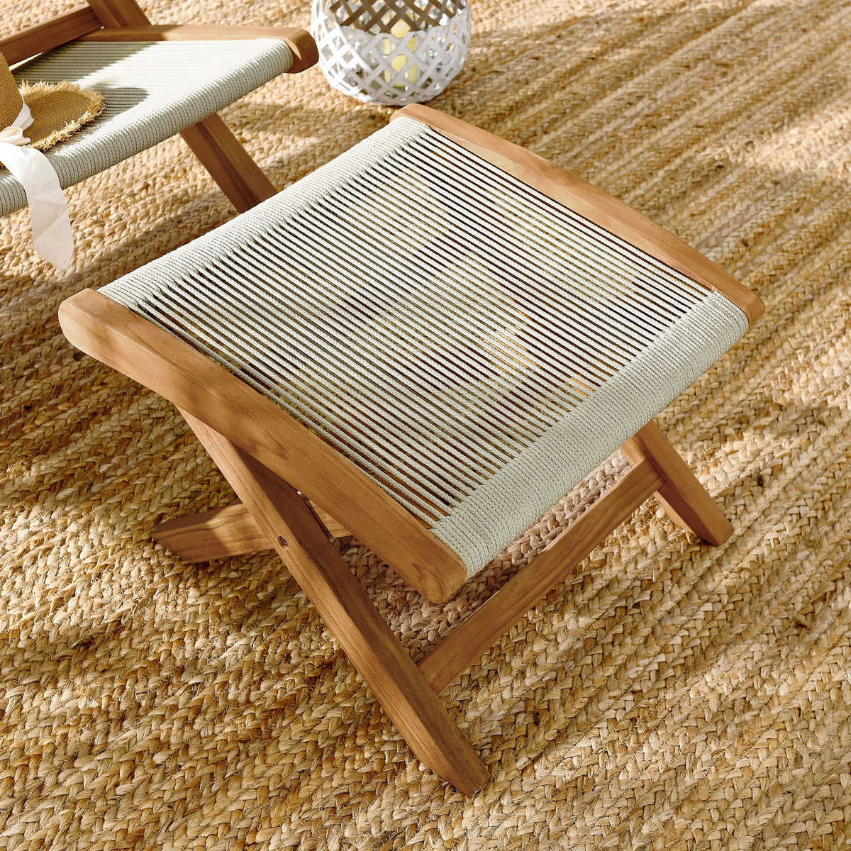 Vienna pair of outdoor teak rope folding ottomans wood frame with woven rope seat by HouseOfZazla on Tampa Home & Garden Store