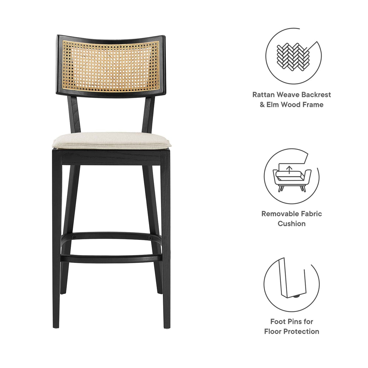 Caledonia Wood Bar Stools set of 2 black elm frame with rattan backrest and beige cushions on Tampa Home & Garden Store