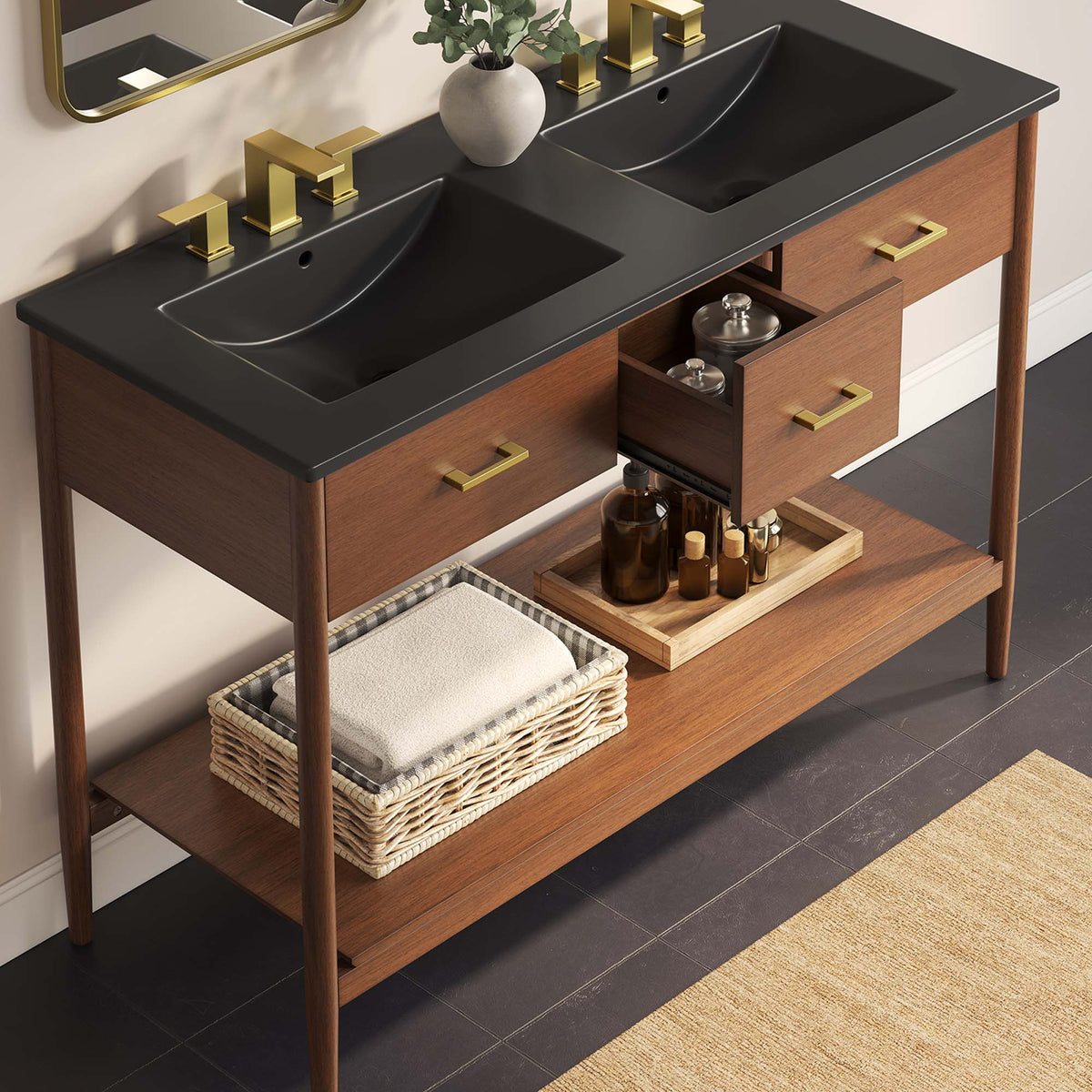 Zaire Double Sink Vanity by Modway with black countertop gold fixtures wooden table base on Tampa Home & Garden Store
