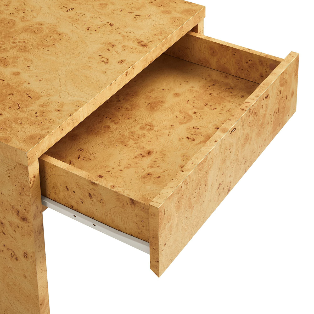 Hudson 1-Drawer Burl Wood Nightstand close-up of burl veneer and open drawer on Tampa Home & Garden Store
