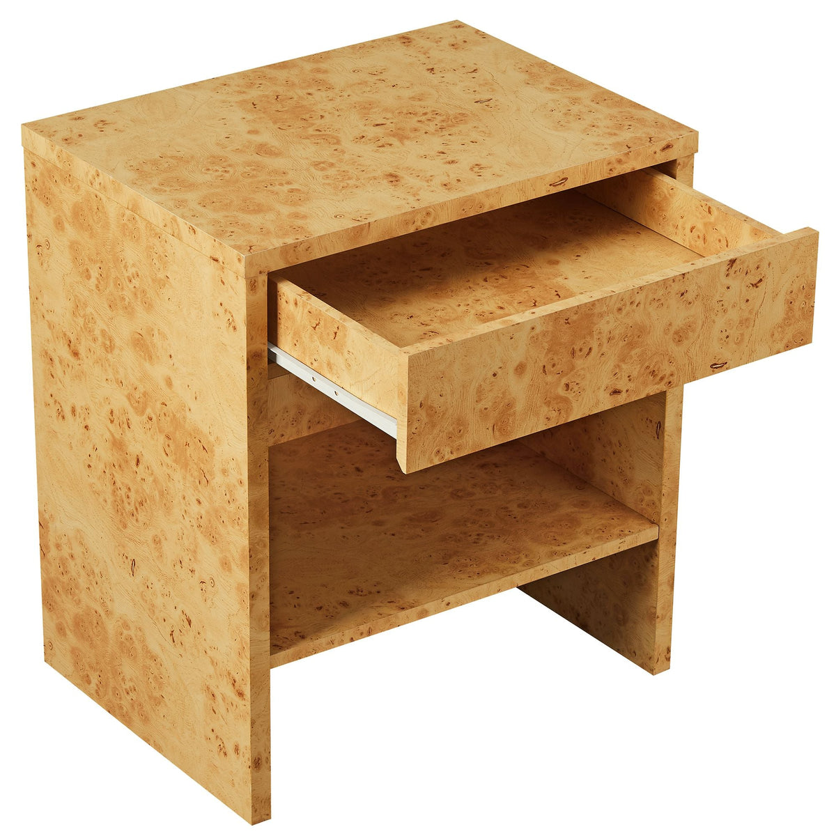 Hudson 1-Drawer Burl Wood Nightstand with Shelf by HouseOfZazla burl veneer light burl tone on Tampa Home & Garden Store