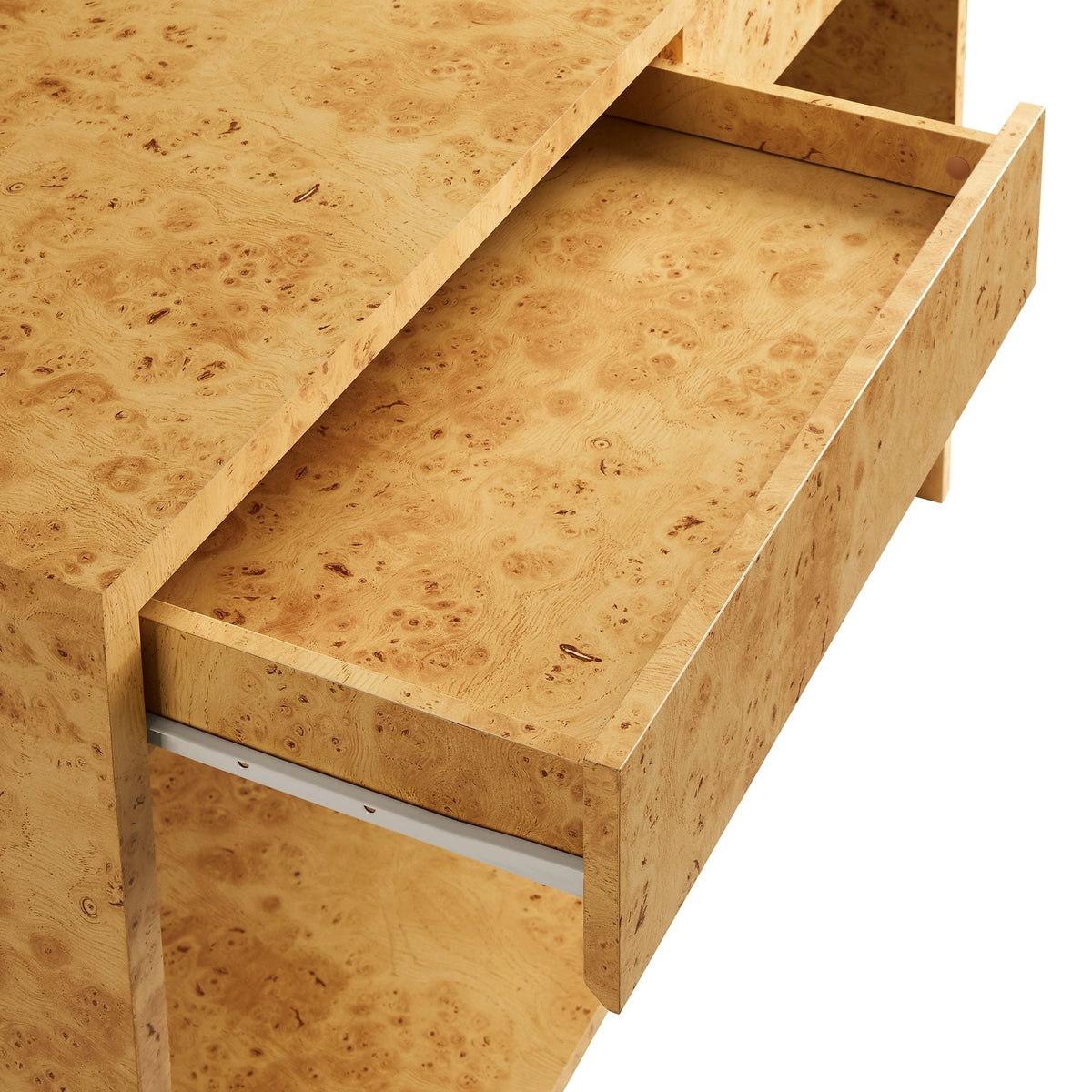 Hudson 2-Drawer Burl Wood Console Table by Modway in light burl veneer with open drawer on Tampa Home & Garden Store