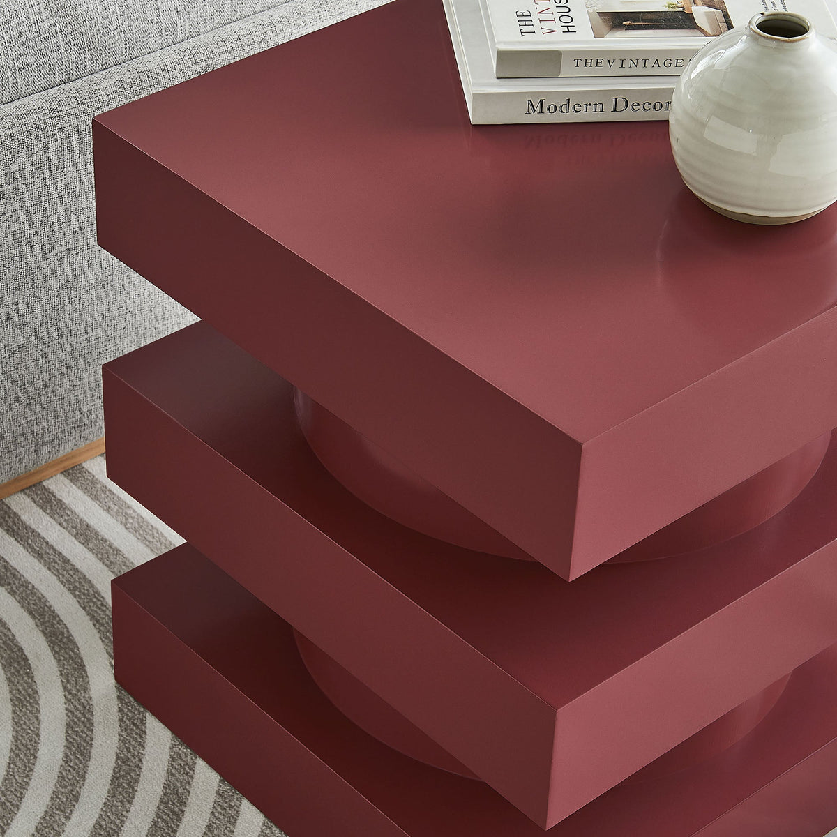 Perpetuate Totem End Table burgundy finish with stepped silhouette decor books and vase on Tampa Home & Garden Store