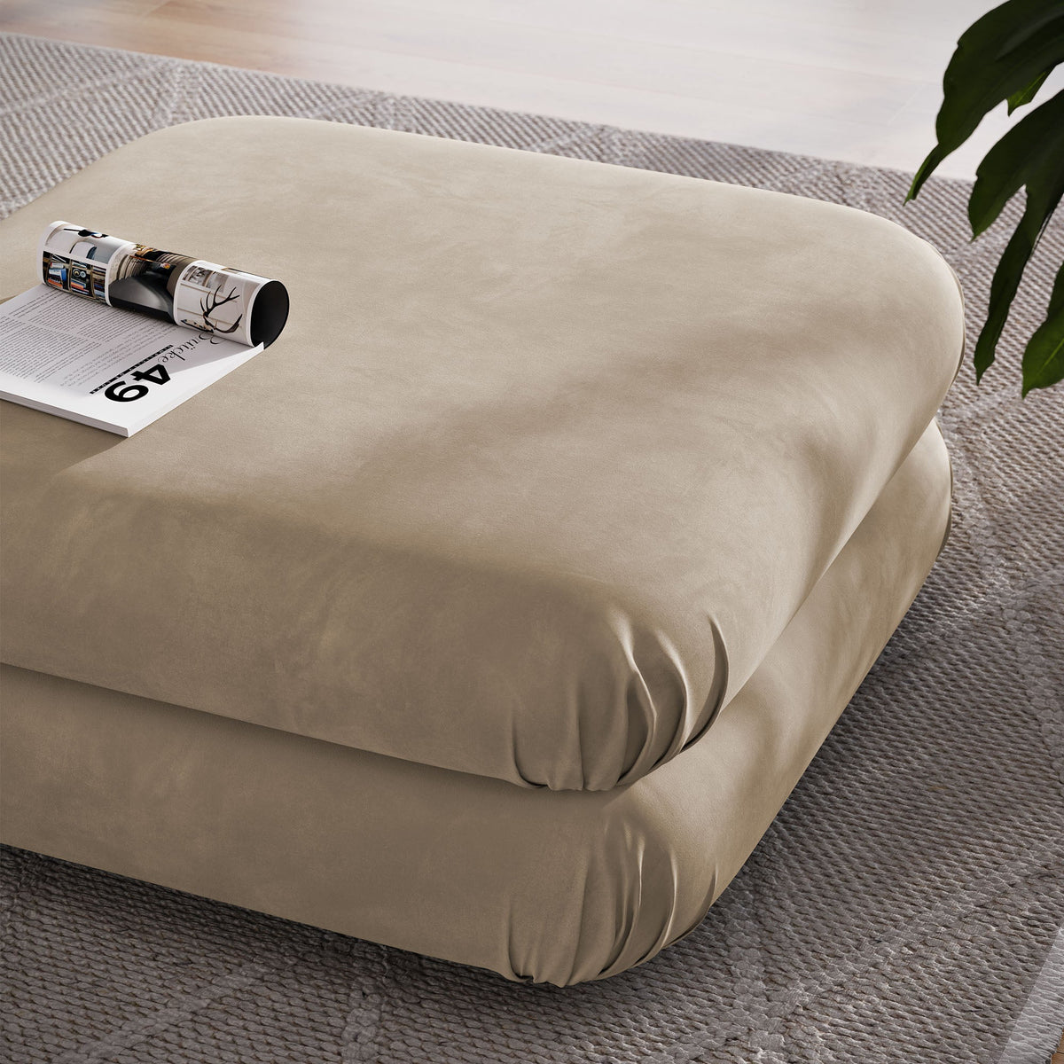 Beige Jubilee Modular Performance Velvet Ottoman by Modway on velvet with a magazine on Tampa Home & Garden Store
