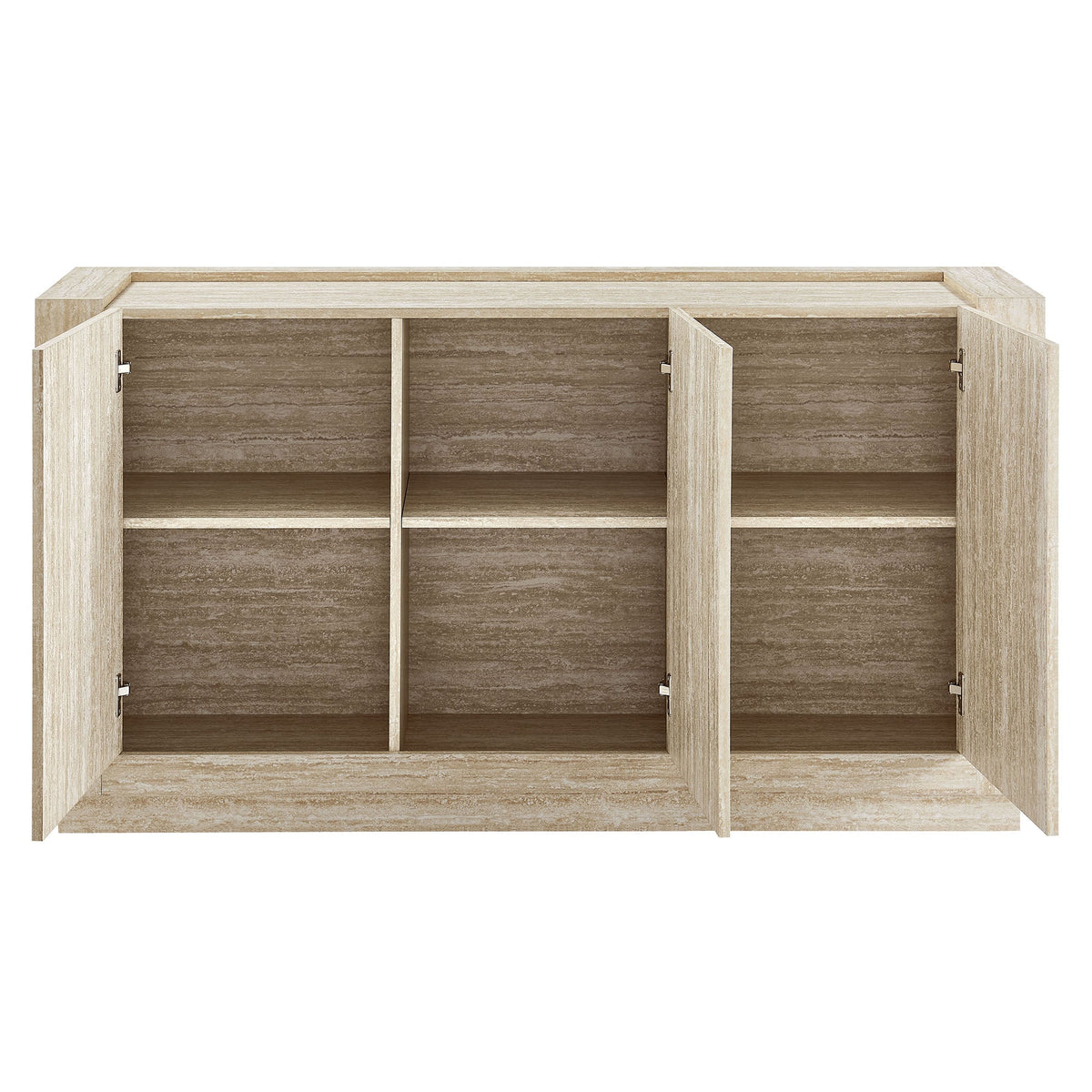 Hollis 59in Travertine Sideboard three-compartment buffet with light travertine veneer on Tampa Home & Garden Store