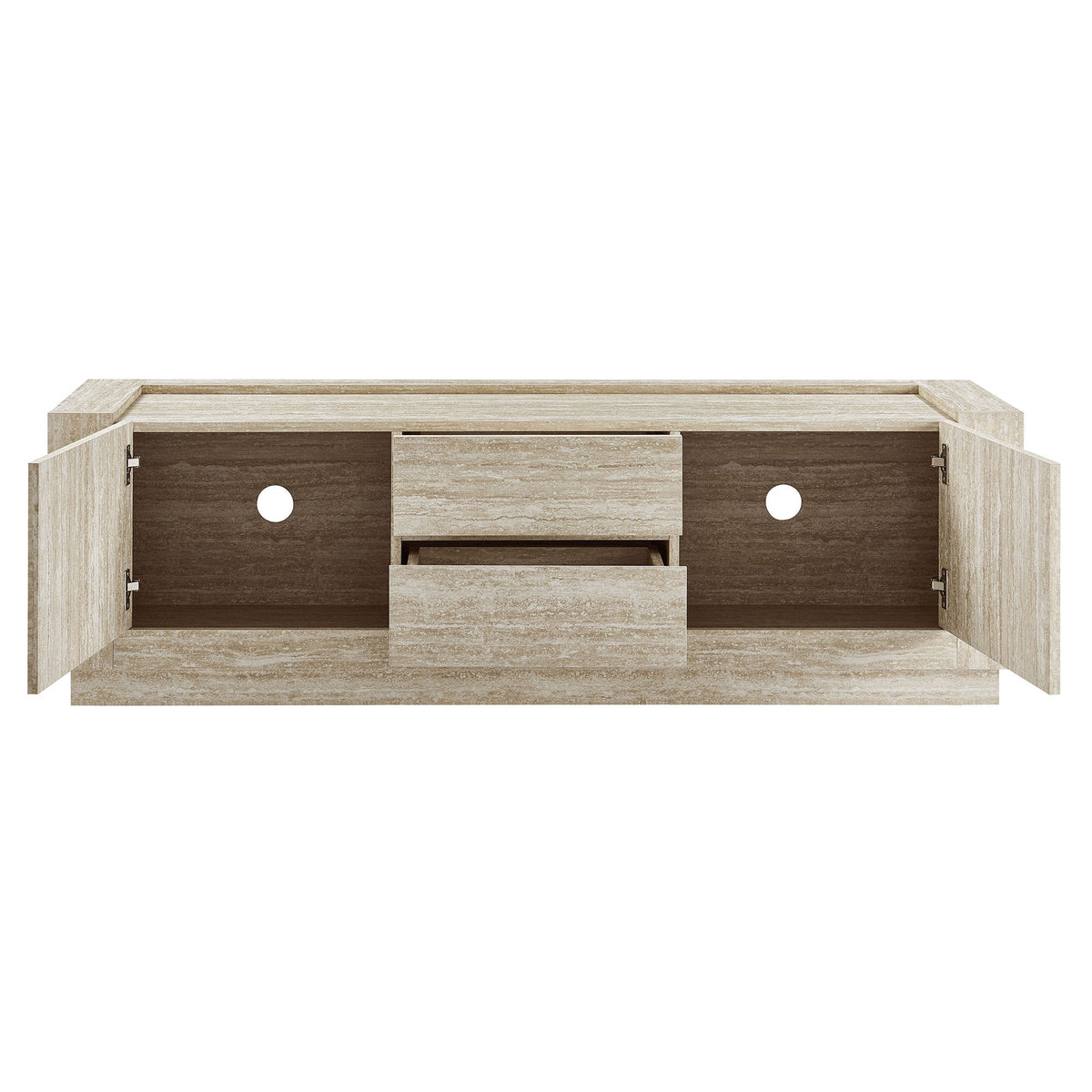 Hollis 59in Travertine TV Stand with side cabinets and center drawer, travertine finish on Tampa Home & Garden Store