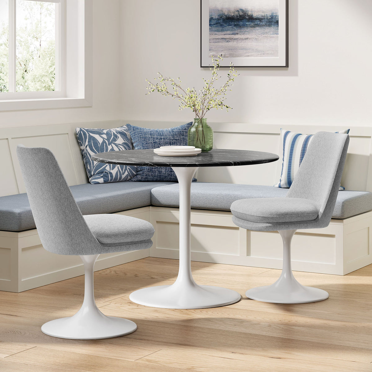 Lippa Swivel Upholstered Side Chair by Modway in light gray fabric around a marble-top table on Tampa Home & Garden Store