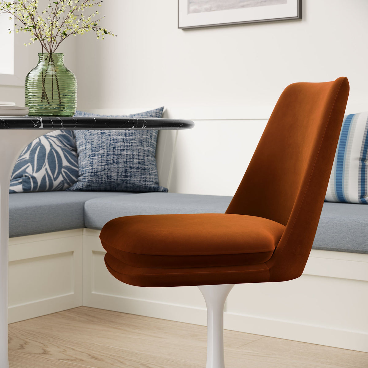 Lippa Swivel Dining Velvet Side Chair orange with white pedestal base on Tampa Home & Garden Store