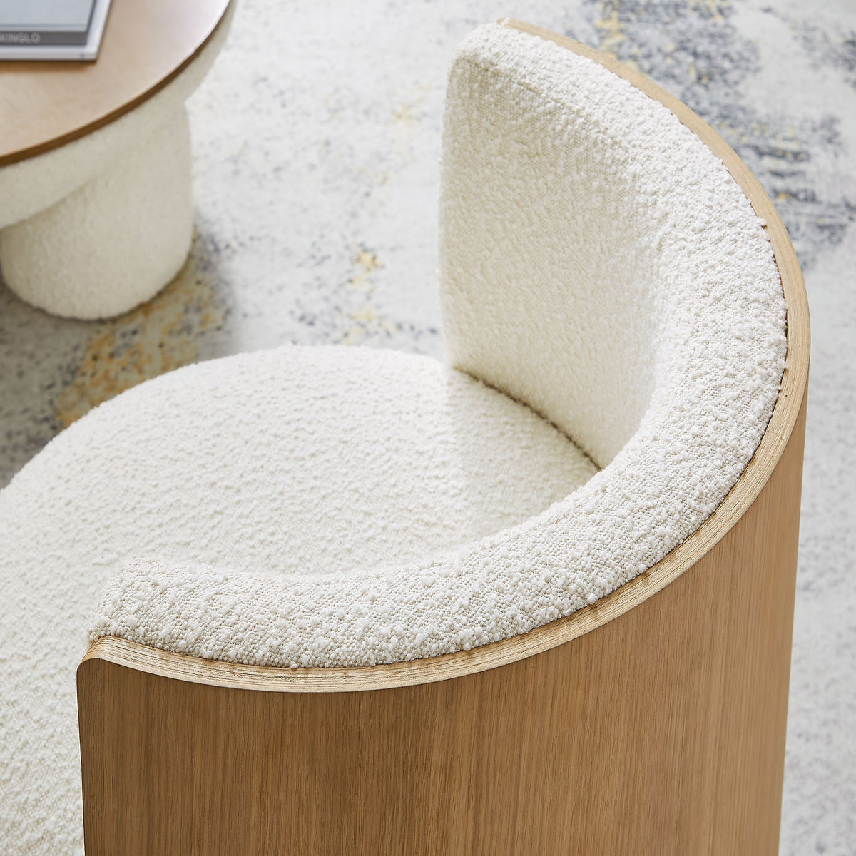 Solis Boucle Accent Chair by Modway, cream boucle upholstery with rounded light wood frame on Tampa Home & Garden Store