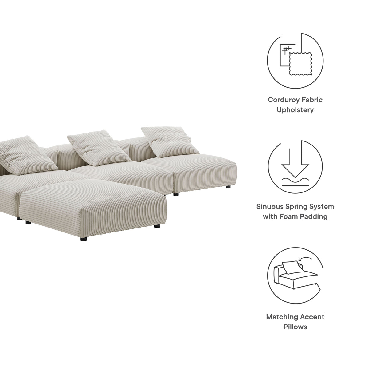 Solace 4-Piece Modular Corduroy Upholstered Sectional Sofa in beige with plush cushions on Tampa Home & Garden Store