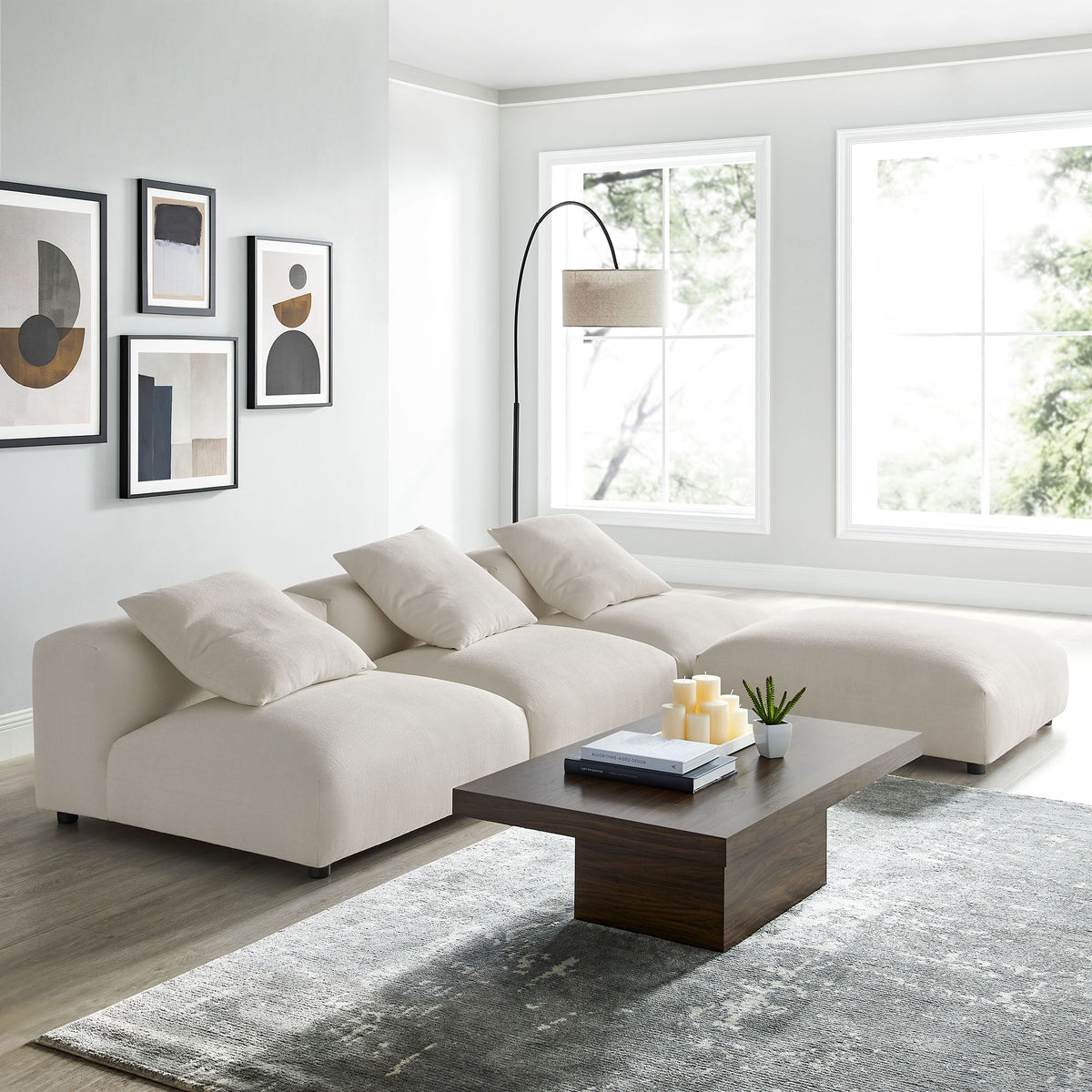 Solace 4-Piece Modular Upholstered Fabric Sectional Sofa cream beige fabric HouseOfZazla on Tampa Home & Garden Store