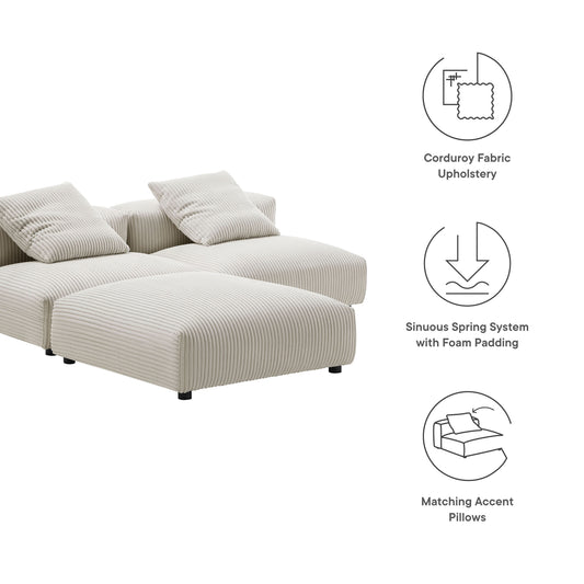 Solace 3-Piece Modular Corduroy Sectional Sofa in beige with ribbed upholstery and pillows on Tampa Home & Garden Store