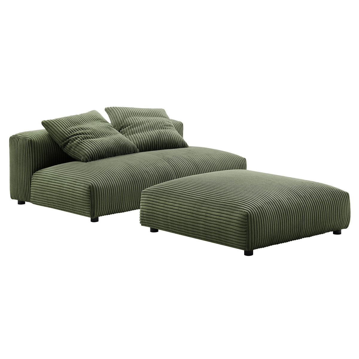 Solace modular corduroy armless loveseat and ottoman set in olive green fabric on Tampa Home & Garden Store
