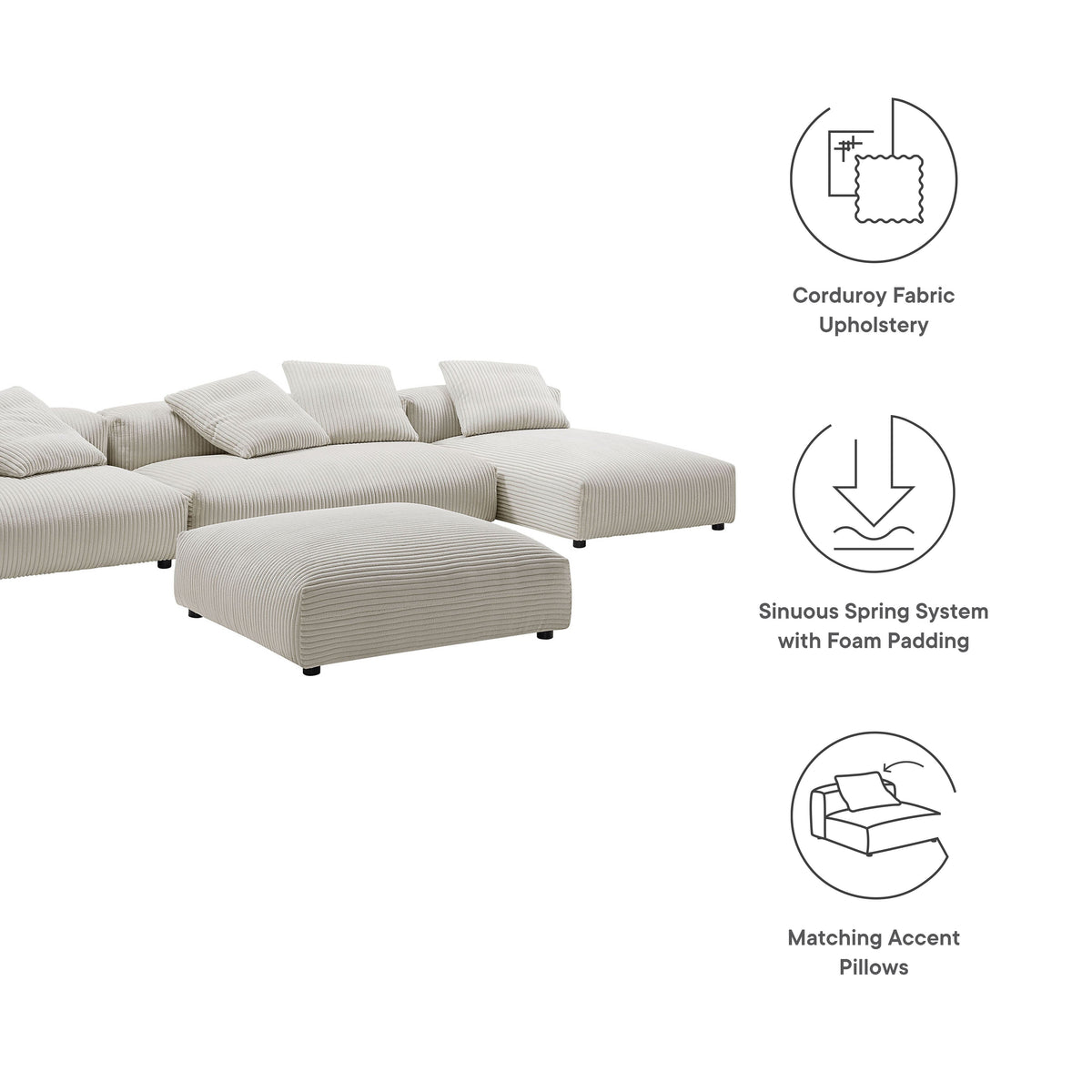Solace 4-Piece Modular Corduroy Sectional Sofa with Ottoman in beige fabric HouseOfZazla on Tampa Home & Garden Store