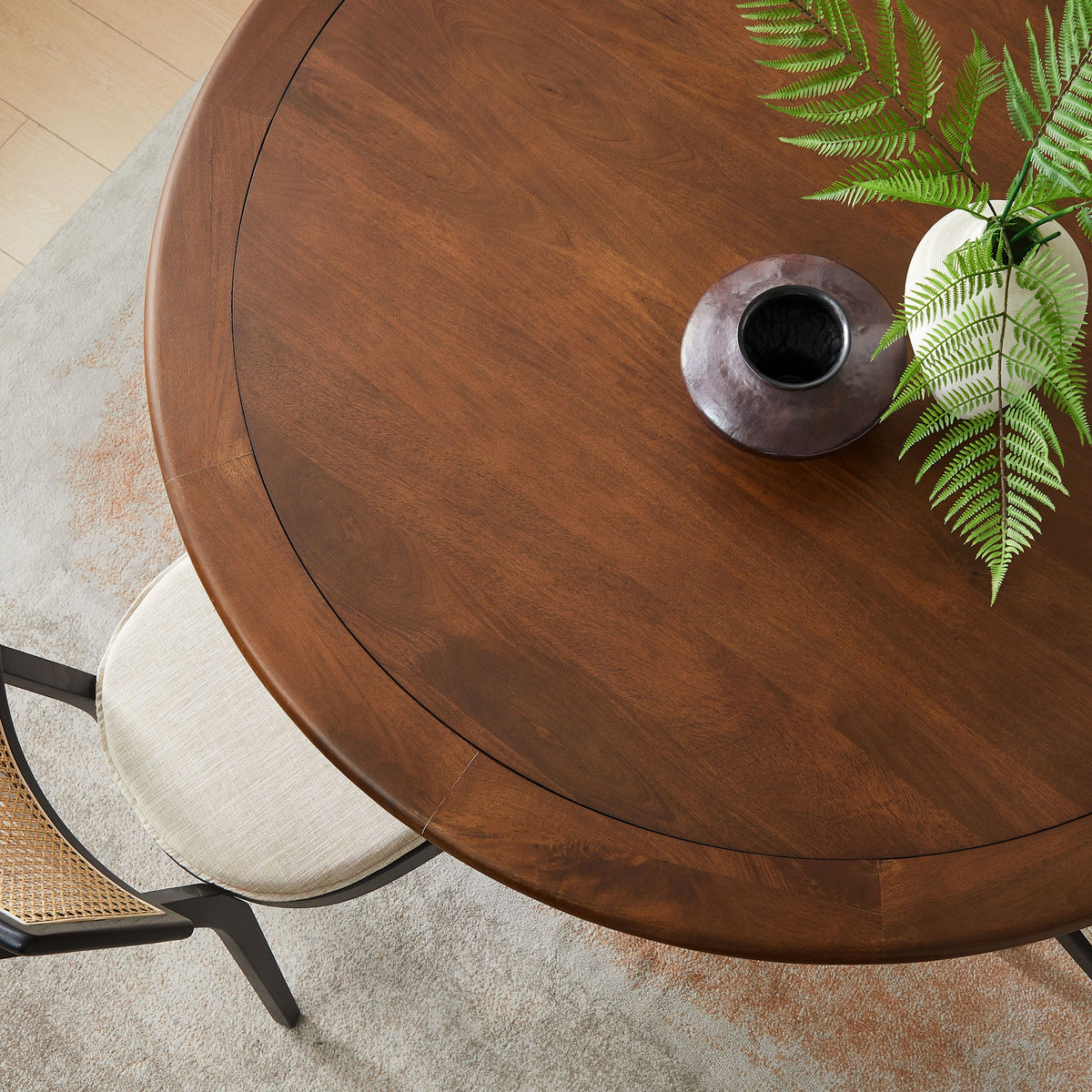 Lippa round pedestal solid wood dining table by Modway in dark walnut finish with fern centerpiece on Tampa Home & Garden Store